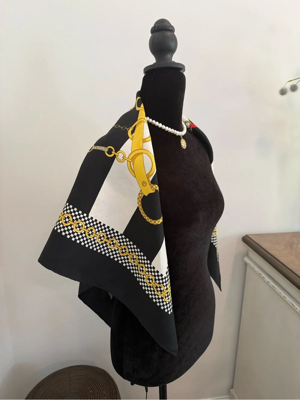 Celine Silk Scarf Navy White Yellow Hand Rolled Made in France